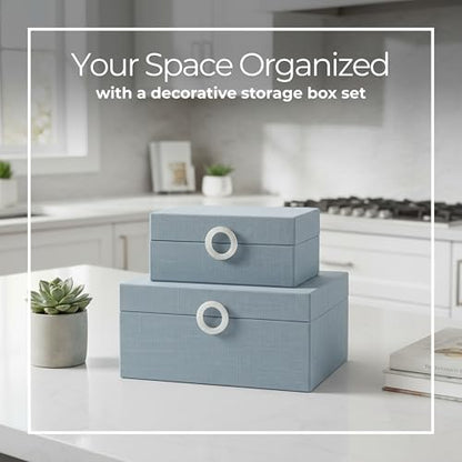 Sagebrook Home Set of 2 Decorative Storage Boxes with Lids - Fabric Covered MDF & Wood, Acrylic Handles - Home & Office Organizer - 9" & 7" Blue