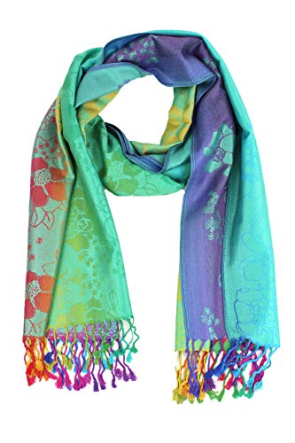 PASKMLNA Double Side Multi Colors Silky Tropical Colorful Exotic Pashmina Wrap Shawl Scarf Rave - color: 051-green Multi Feathers