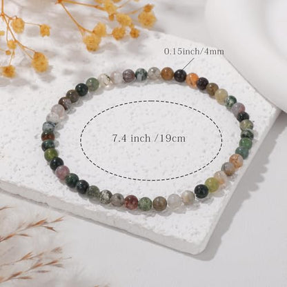 Crystal Beaded Bracelets for Women 4mm Clear Quartz Bead Handmade Gemstone Stretch Elastic Bracelet Natural Stone Crystal Healing Reiki Spiritual Jewelry Gifts - color: India Agate, size: 4mm