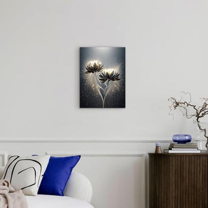 ketilly Black Lotus Canvas Print- Mystic Zen Wall Art with Gold Dust Effect, Modern Abstract Painting, Celestial Artwork for Living Room, Bedroom, Meditation Space 12''x15''