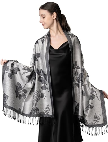 Achillea Reversible Paisley Pashmina Rave Scarf – Exotic Indian Shawls and Wraps for Evening Dresses, Festivals, All Seasons - color: Floral Silver Grey
