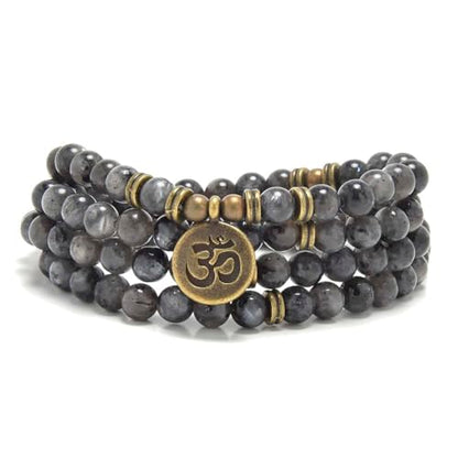108 Mala Beads Bracelet with om Charm – Healing Stone Meditation Bracelet for Yoga & Prayer, 6mm Beads, Handmade, Gold-Plated OM Charm - style: Labradorite