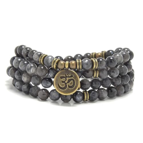108 Mala Beads Bracelet with om Charm – Healing Stone Meditation Bracelet for Yoga & Prayer, 6mm Beads, Handmade, Gold-Plated OM Charm - style: Labradorite
