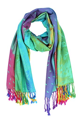 PASKMLNA Double Side Multi Colors Silky Tropical Colorful Exotic Pashmina Wrap Shawl Scarf Rave - color: 050-green Multi Feathers
