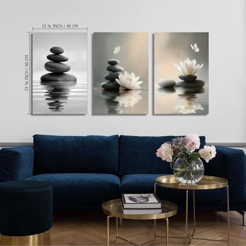Lotus Wall Art Zen Stones in The Water Bathroom Calming Meditation Butterfly Framed Breathe Spiritual Canvas for Bathroom Living Room Yoga, Set of 3, 16x24 Inch - Ready to Hang - color: Lotus and Stones, size: 16" x 24"x3