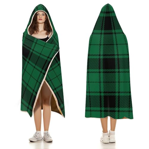 Scottish Tartan Plaid Green Large Size Comfortable Hooded Blanket, Warm Blanket 60"x80" - color: Scottish Tartan Plaid Green, size: 60"x80"