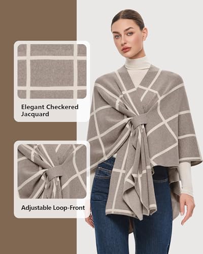 PULI Women's Elegant Shawl Wraps Soft Open Front Poncho Sweater for Spring Fall Winter - color: Classic Check-oatmeal and Barley Twist