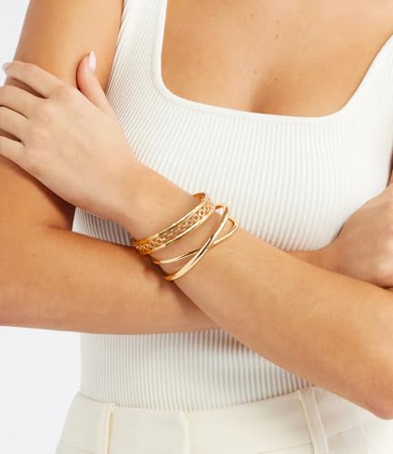 18K Gold Plated Open Cuff Bangle for Women Statement Brushed/Hammered/Textured Bracelet Layering Jewelry Love Gift for Her - style: Hard Oval Chain Bangle