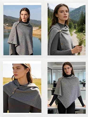 Women's Versatile Knitted Shawls Scarf Poncho Sweater Capes with Buttons Lightweight Spring Summer Fall Winter Wraps - color: Light-grey