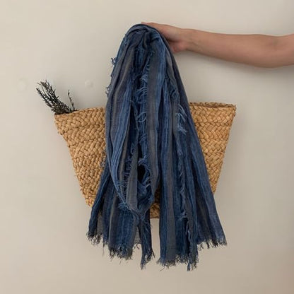 Artistic Retro Cotton And Linen Scarf, Plain Tie Dye Gradient Autumn And Winter New Soft Cotton Shawl - color: Blue