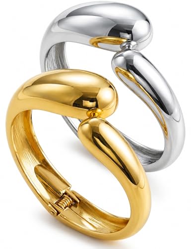 Chunky Gold Bangle Bracelets for Women, Dainty 14k Gold Plated Big Stackable Bangles Set, Trendy Statement Cuff Bracelet Stack Fashion Jewelry Gifts - style: 2 Silver & gold teardrop chunky bangles