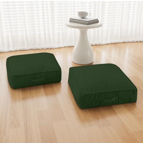 Meditation Floor Pillow Set of 2, 8" Extra Thick Floor Cushion for Sitting with Washable Cover, Large Corduroy Meditation Pillow, 22 inches Tatami Seat with Handle for Yoga Pillow, Green - color: Green, size: 22x22x8 inch