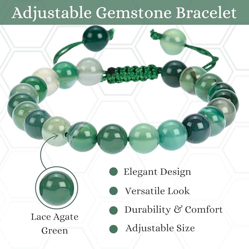 ANAYA AGATE Energy Protection Crystal Handmade Adjustable Bead Bracelet Perfect for Men, Women’s Christmas Gift - Gemstone Healing Stretch Bracelet Pulsera Para Hombre Mujer Stocking Stuffer - color: Lace Agate Green