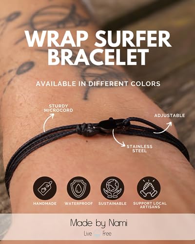 Made by Nami Nautical Rope Bracelet for Men Waterproof & Adjustable Wrap String Bracelets with Snap Hook Gift for Him - color: Black Black