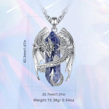 INFUSEU Unique Dragon Necklaces with Healing Crystal Stone for Men Women, Personalized Spiritual Gifts, 24 Inch Chain - color: Blue