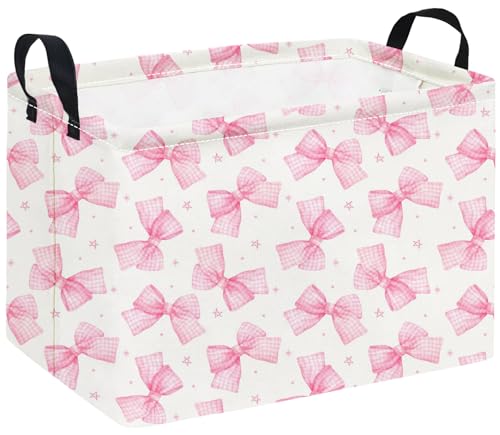 Rectangular Storage Basket Waterproof Storage Bin for Bedroom Collapsible Bin Books Box Basket Room Decor(Pink Bowknot) - color: Pink Bowknot