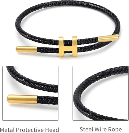 OSIRIDEH2 Bracelet with Adjustable Design Polished H Shape Buckle, Bracelets for Women, 18k Gold-plated Buckle Design Titanium Steel Wire Rope Women's Gift Jewelry - color: Black Gold
