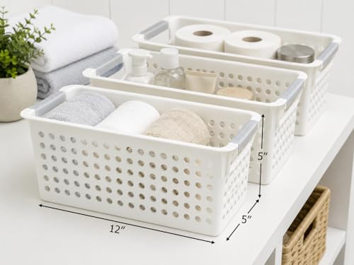 Basicwise Set of 3 White Rectangular Plastic Storage Basket with Easy-Grip Handles Ventilated Organizer Bin for Bathroom Pantry Closet Laundry Kitchen Shelf Countertop & Home Organization Essentials - size: Set of 3