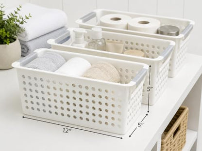 Basicwise Set of 3 White Rectangular Plastic Storage Basket with Easy-Grip Handles Ventilated Organizer Bin for Bathroom Pantry Closet Laundry Kitchen Shelf Countertop & Home Organization Essentials - size: Set of 3