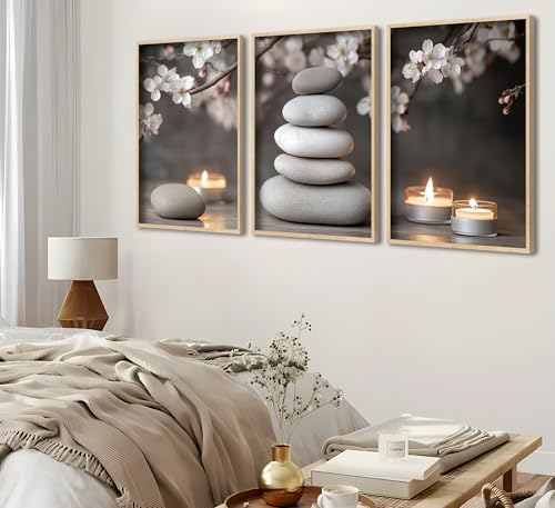 ZHJIOFXG 3 Piece Zen Canvas Wall Art Stacked Stones Cherry Blossom Candle Spa Wall Decor Calming Minimalist Neutral Poster Print Art for Bathroom Bedroom Yoga Room Office Living Room 16x24in Unframed - size: 24L''x16W''