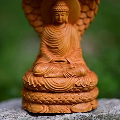 Solid Wood Amitabha Buddha Statue Zen Decor,Sakyamuni Sitting on Snake Figurines Home Office Decor,Feng Shui Decor Amitabha Buddha Sculpture Ornament