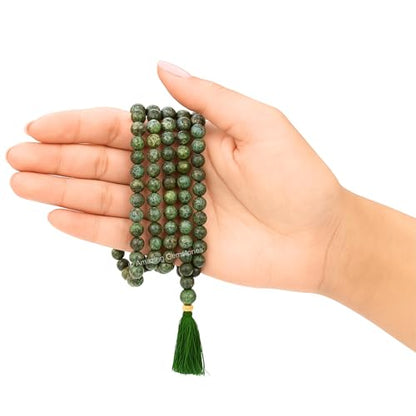 Amazing Gemstone Japa Mala 108 Prayer Beads Necklace and Wrist Mala Bracelet for Meditation - color: African Turquoise, size: Without Knots