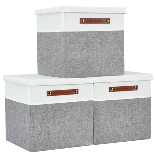 DECOMOMO Storage Basket with Lid, Storage Cubes with Handles, Fabric Box with Lid (Grey and White, 11” / 3 Pack)