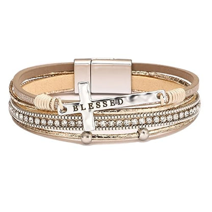 Fesciory Leopard Bracelet for Women, Boho Leather Wrap Multi-Layer Pearl Crystal Bracelet Bangle Jewelry - style: Blessed Cross(Khaki)