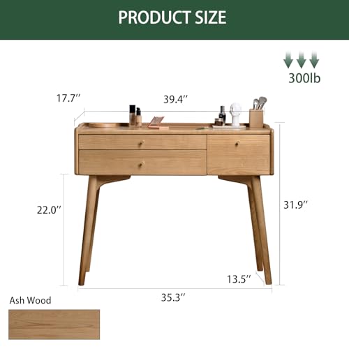 Small Vanity Desk, Solid Wood Dressing Table with Drawer Divider, Study Desk and Vanity Desk for Bedroom, 18" D x 40" W x 32" H - color: Ash Wood-natural, size: 40" W
