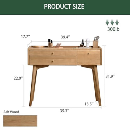 Small Vanity Desk, Solid Wood Dressing Table with Drawer Divider, Study Desk and Vanity Desk for Bedroom, 18" D x 40" W x 32" H - color: Ash Wood-natural, size: 40" W