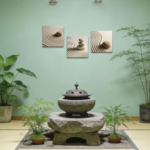 Artsbay 3 Piece Canvas Wall Art Zen Stone and Sand Giclee Print Artwork Calm Peaceful Still Life Picture Painting Modern Spa Room Wall Poster Decor Framed for Home Office Bedroom Bathroom Decoration
