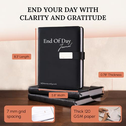 End of Day Journal - 5 Minute Daily Gratitude & Self Reflection Journal for Women & Men 2026, Guided Mindfulness, Productivity & Personal Growth Prompts, Vegan Leather, 120 GSM, Magnetic Closure