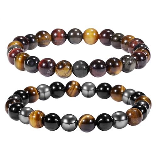 Bivei Natural Gemstone Semi Precious Healing Crystals Handmade Stretchy Round Beads Bracelet,Stocking Stuffers for Women Enhance Positive Energy - color: 8mm Triple Protection Set, size: Small: 6.5-6.7 inch