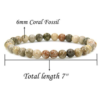 Angelstones Handmade Natural Healing Gemstone 6mm Round Beads Stretch Crystal Bracelet 7 Inch Unisex - color: Coral Fossil