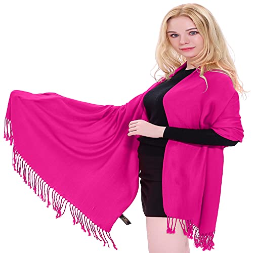 CJ Apparel Solid Color Tassels Design Nepalese Shawl Scarf Wrap Stole Throw Head Wrap Pashmina Gift Hand Made in Nepal New - color: Bright Pink