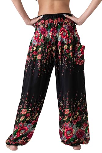 B BANGKOK PANTS Harem Pants Women Yoga Boho Clothes with Pockets - color: Black Floral, size: One Size