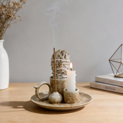 4.1-Inch 5-in-1 Ceramic Smudge Bowl-Versatile Incense Stick Holder and Smudging Dish for Palo Santo and Sage–Ideal for Zen Altar, Meditation,Yoga, and Aromatherapy–Easy to Clean Brown Design - color: Palo-incense-dish-brown