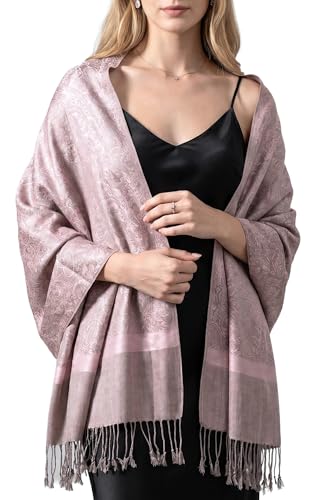Achillea Two-Tone Vintage Paisley Pashmina Scarf – Lightweight Wrap & Shawl for Dresses, Weddings, Travel, All Seasons - color: Pink Grey