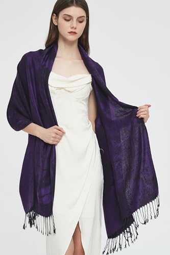Pashmina Shawl Wrap with Ethnic Paisley Two Tone Jacquard Scarf for Women - color: Feather-purple