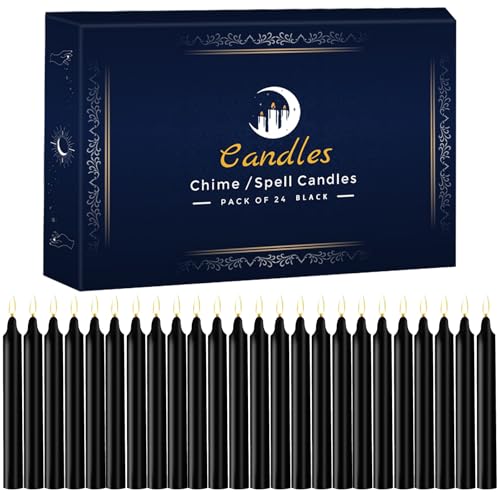 24 Pack Black Spell Chime Candles – Premium Mini Unscented Taper Candles for Rituals, Prayer, Meditation, Altar, Spells – 4" Tall – Ideal for Witches & Spiritual Practices - color: Black