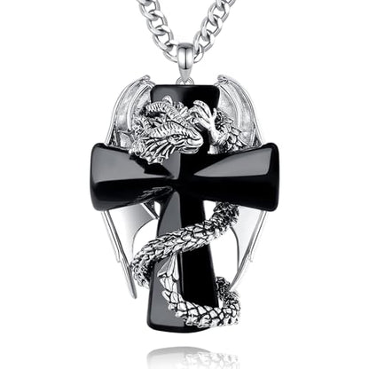 INFUSEU Unique Dragon Necklaces with Healing Crystal Stone for Men Women, Personalized Spiritual Gifts, 24 Inch Chain - color: Large Black Cross