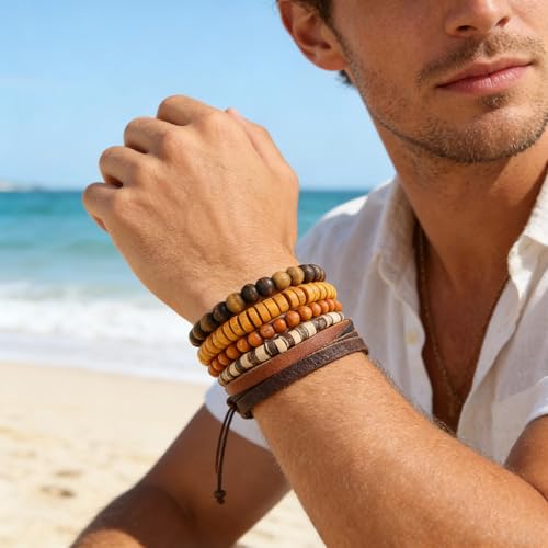 HZMAN Wrap Bracelets Men Women, Hemp Cords Wood Beads Ethnic Tribal Bracelets, Leather Wristbands - style: Coconut shell 5 Mix