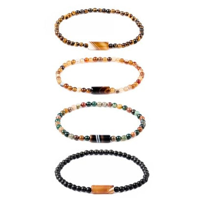 Natural Stone 4mm Round Beads Agate Adjustable Braided Elastic Rope Bracelets Unisex for Men Women - color: Color2-4pcs