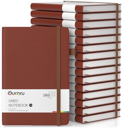 Oucaru Lined Journal Notebook, 16 Pack, 180 Pages, A5 Journals for Writing, 100 GSM Thick Paper, Small Notebooks Daily Journal for Women Men Work, Business, School, Travel Supplies - color: Brown