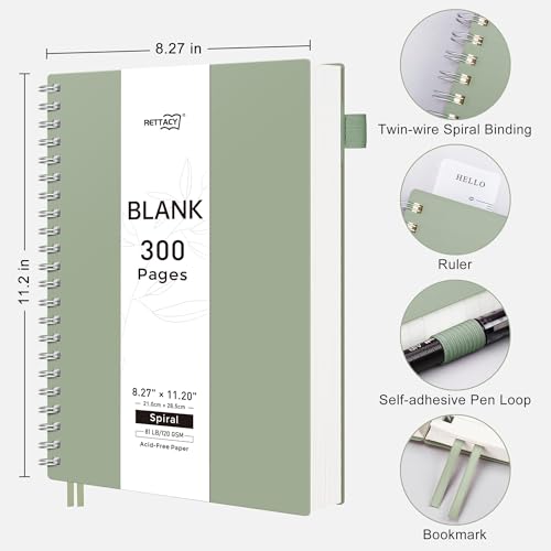 RETTACY Blank Journal Notebook, 300 Pages, A4 Large Size (8.2'' x 11.2''), 120 GSM Thick Paper, Flexible Plastic Cover, Spiral-bound, for Sketching, Drawing, Painting (Light Green) - color: Light Green