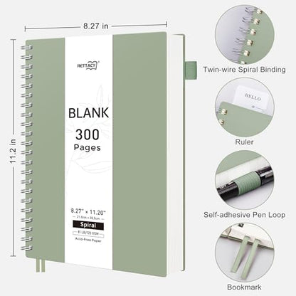 RETTACY Blank Journal Notebook, 300 Pages, A4 Large Size (8.2'' x 11.2''), 120 GSM Thick Paper, Flexible Plastic Cover, Spiral-bound, for Sketching, Drawing, Painting (Light Green) - color: Light Green