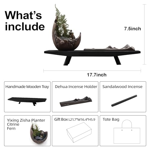 Moonlit Mountains Décor Set – Zisha Crescent Planter, Dehua Mountain Incense Holder, Paulownia Wood Tray, Citrine & Fern – Meditation, Feng Shui, Mindfulness Gift for Home & Office - style: Moonlit Mountains