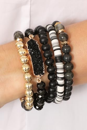 RIAH FASHION Bohemian Acrylic Druzy Multi-Layer Bead Statement Bracelet - Versatile Faux Stone Pendant Stretch Strand Stackable Cuff Bangle Set Sparkly Crystal - color: Long Druzy Multi Bead - 5 Layer Black