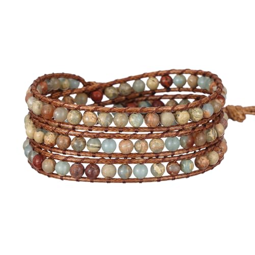Women Boho Handmade Natural Stone Crystal Leather Bead Wrap Bracelets Collection - style: 4mm Agalmatolite 3W