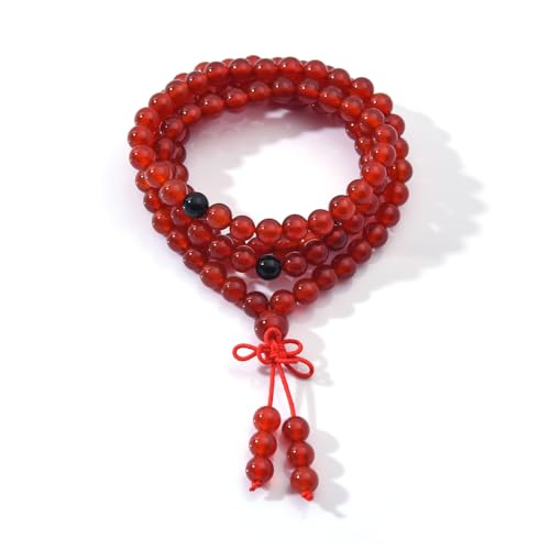 108 Mala Prayer Beads Bracelet 6mm Genuine Gemstone Healing Crystal Stone Beaded Bracelet Buddhist Tibetan Handmade Knotted Elastic Necklace for Yoga Meditation Unisex Women Men - color: Carnelian